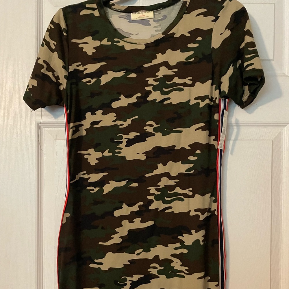Brand New Camo dress with red and blue detailing on the side.